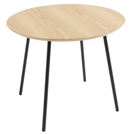 Tölgyszínű kerek asztalka fekete acél lábakkal. Méretei: Átmérő: 55 cm, Magasság: 45 cm
