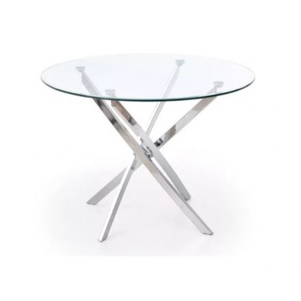 Kerek edzett üveg asztal íves ezüst színű krómozott acél lábakkal. 100 cm átmérőjű, 73 cm magas.