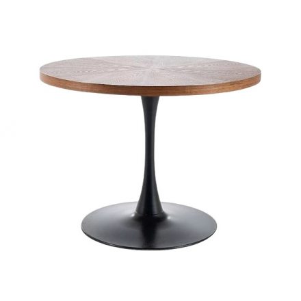 Modern dió színű kerek asztal fekete fém lábbal. Méretei: magasság: 76 cm, átmérő: 100 cm