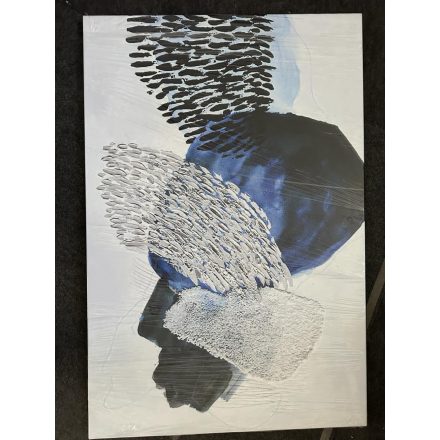 Modern nonfiguratív festmény kék, fekete, fehér és ezüst színekkel. Mérete: 120x80 cm.
