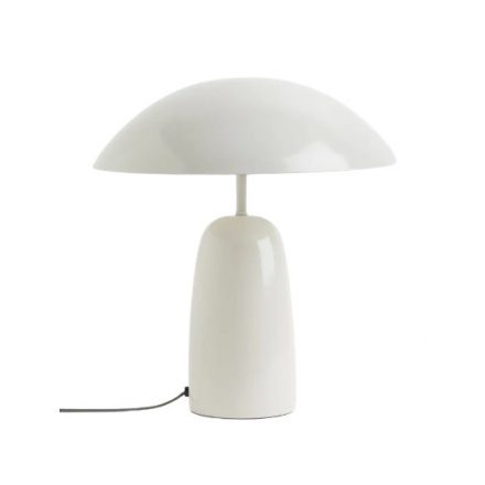 Modern stílusú, világos szürkésbézs  lakkozott fém asztali lámpa hajlított, meleg, szórt fényt árasztó lámpaernyővel. Méretei: lámpaernyő átmérője: 37 cm, teljes magassága: 37 cm.