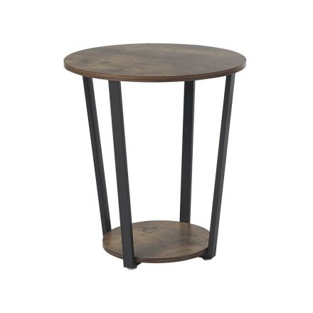 Modern kerek sötét fa lerakó asztalka, fekete lábakkal. Méretei: magasság: 57 cm átmérő: 50 cm