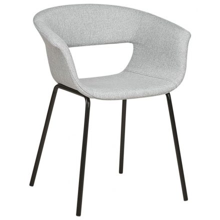 Modern, letisztult stílusú világosszürke szövet kárpitú szék fekete fém lábakkal.
